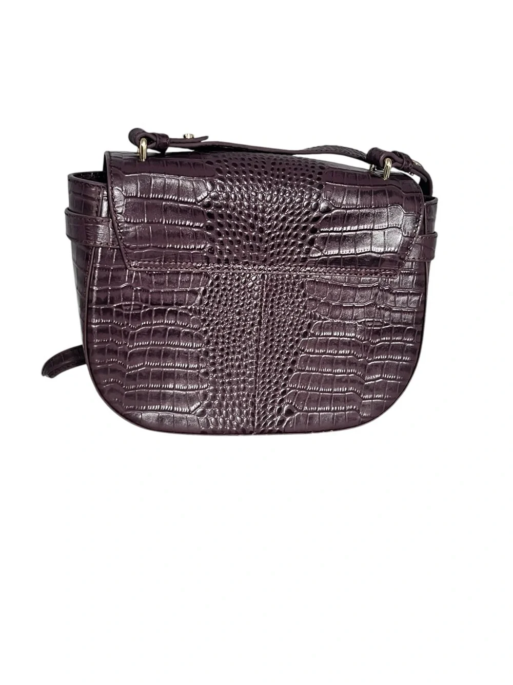 Croc-Embossed Crossbody Saddle Bag in Plum